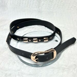 Kenneth Cole Reaction Black Faux Leather Belt Rose Gold Metal Stations NWOT